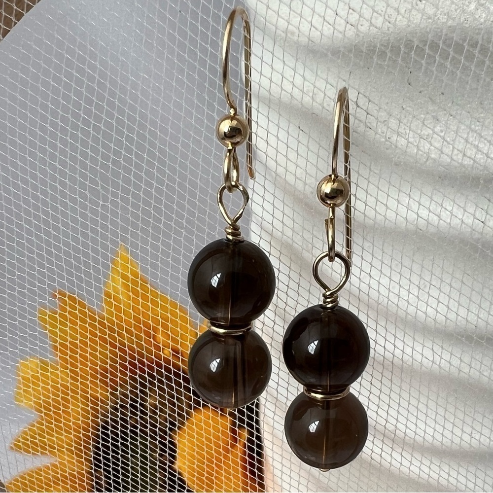 Artisan Smokey Topaz & Gold Beaded Dangle Earrings